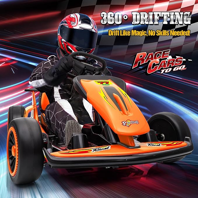 24V Electric Go Kart for Kids, Drift Kart with 400W Motors, EVA Tires, Max Speed 8.1 MPH, Music, Wireless, Electric Drifting Cart Outdoor Ride on Toy for Kids Ages 6+ (Orange)