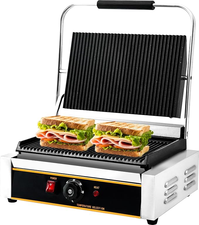 Commercial Panini Press Grill 2200W Countertop Electric Sandwich Maker with Adjustable Temp Control, Nonstick Coating, Grooved Plates Grill, for Burgers Steaks Panini