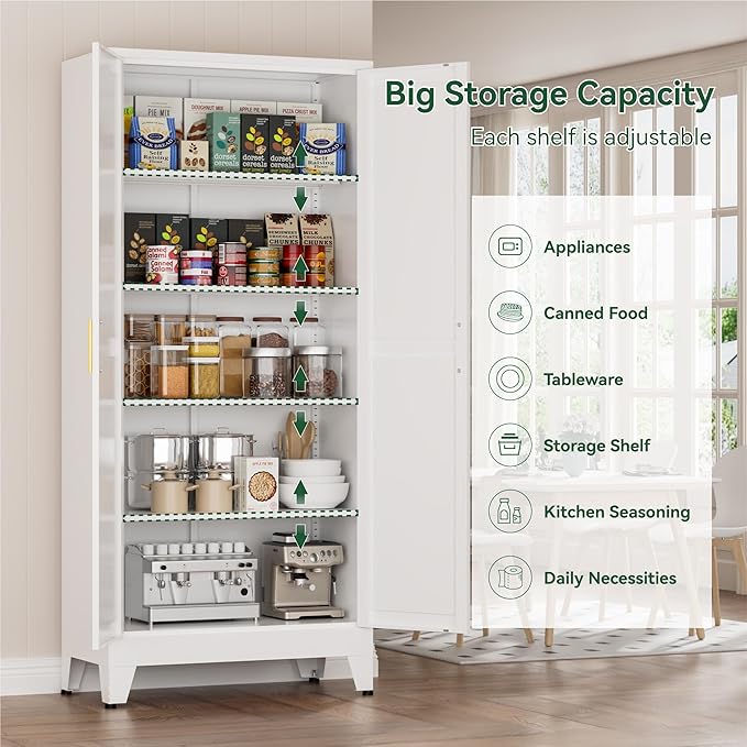 Metal Kitchen Pantry Cabinet,71" White Farmhouse Storage Cabinet with 2 Vintage Barn Doors and 4 Adjustable Shelves, Rustic Freestanding Cupboard for Kitchen,Home Office Living Room,Dining Room