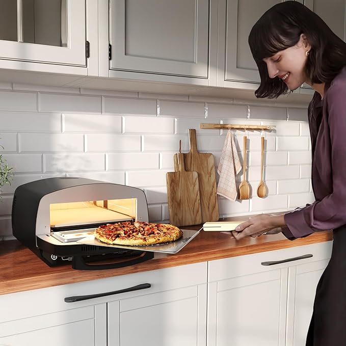 Indoor Pizza Oven - Makes 13 Inch Pizzas, Heats up to 850°F - Countertop Electric Pizza Maker with 6 Touchscreen Presets, Pizza stone & Peel, Baking Tray & Mesh Included - Stainless Black