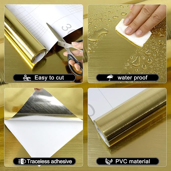 Gold Metallic Contact Paper Peel and Stick Countertop Contact Paper Self-Adhesive Waterproof DIY Decor Wallpaper for Shelf Liner Fridge and Cabinets A Set of 23.6"x120"
