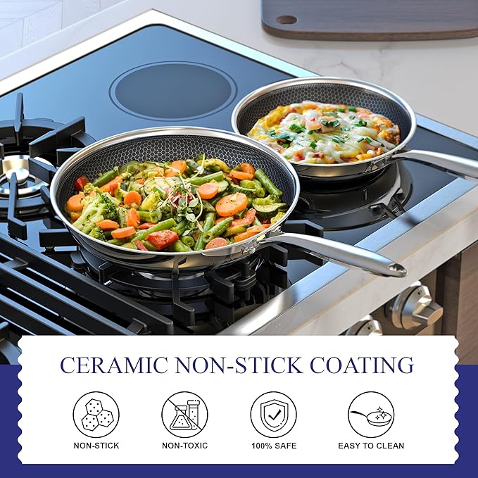 Bielmeier 8, 10, 12 Inch Nonstick Frying Pan，3-Piece Set Stainless Steel Flat Bottom Frying Pan for Gas, Electric & Induction Cooktops, Dishwasher S