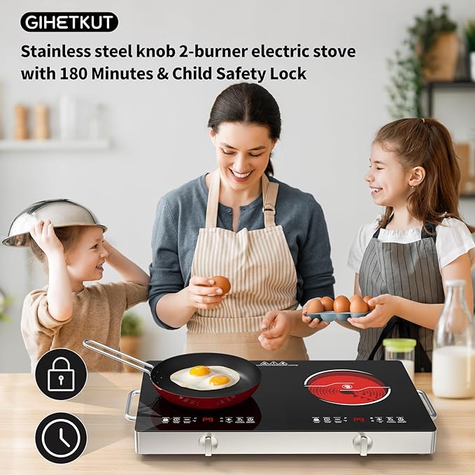 Electric Cooktop,110V 2400W Stove top, Countertop Cooktop with 9 Power Levels, LED Display,Child Safety Lock, Timer,Knob and Touch Control 2 burner Electric cooktop