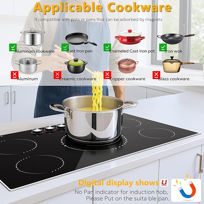 36 Inch Induction Cooktop, 5 Burner Electric Cooktop with 9 Power Levels, Knob Control, Auto shutdown and Residual Heat Warning, 9200W, 220-240V for Hard Wire