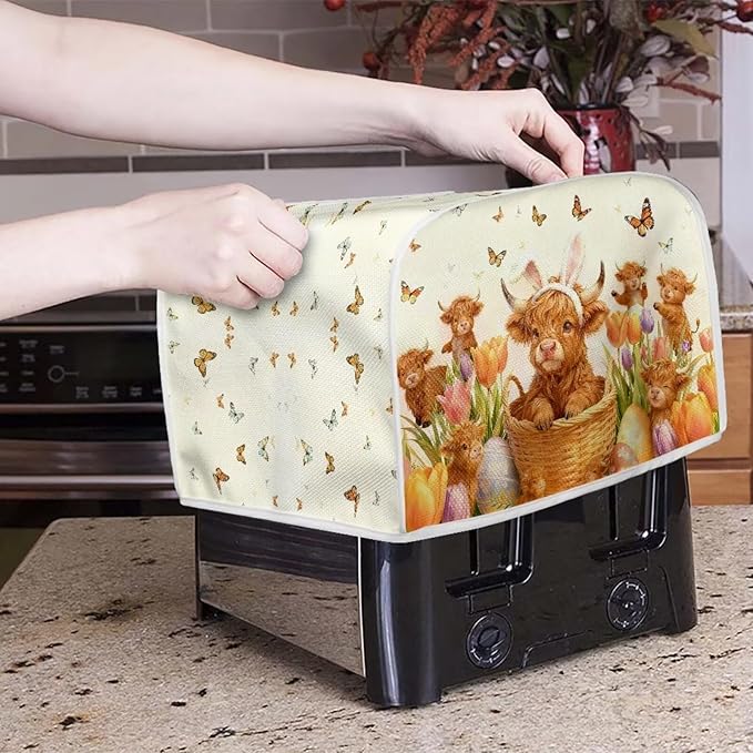 Easter Tulip 2 Slice Toasters Cover Anti-Stains Highland Cattle Print Bread Maker Covers with Handle Holiday Kitchen Decor Small Appliance Covers