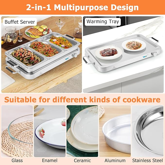 Giantex Buffet Server & Electric Food Warmer, 2-in-1 Food Warming Tray, Adjustable Temperature, 3 Food Pans with Lids, Dishwasher Safe, 8 QT Stainless Steel Chafing Dishes for Parties Holiday Events