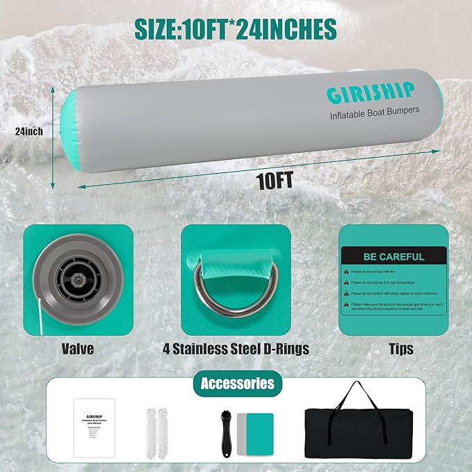 10'×18"/24" Inflatable Boat Bumpers, Large Boat Fenders for Docking, Boat Bumpers for Docking with Mooring Ropes, Heavy Duty Dock Bumper for Yacht or Fishing Boat