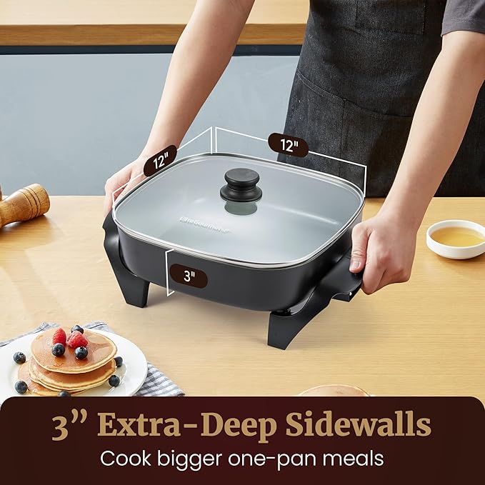 Elite Gourmet 12" x 12" x 3" Ceralast™ PFAS Free Ceramic Electric Skillet, Dishwasher Safe, Xtra Deep Dish, Rapid Heat 1200W, Black