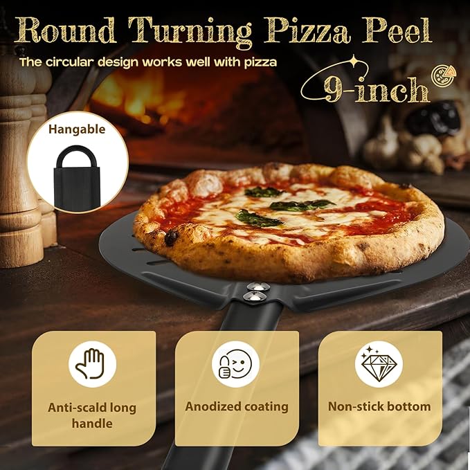 4 Piece Pizza Oven Kit (Extended Edition) Pizza Turning Peel 9 Inch Perforated Pizza Peel 12 Inch 40 Inch Aluminum Handle Pizza Oven Brush and Ash Rake Pizza Peel Set Pizza Oven Tools Kit