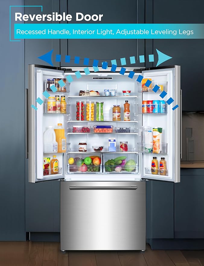 BLACK+DECKER 18 Cu. Ft. French Door Refrigerator with Built-in Ice Maker, Full Size Refrigerator with Bottom Mount Freezer Drawer, Frost Free, ENERGY STAR certified, BRF1800GIMS, Stainless Look