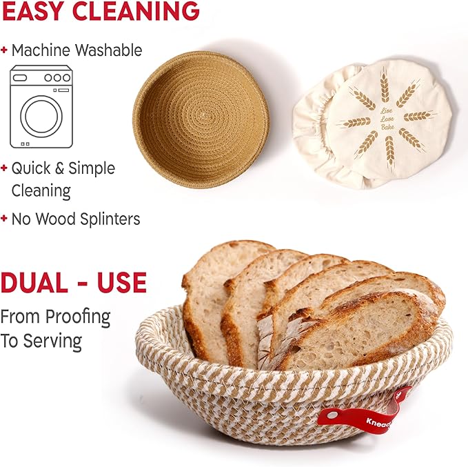 KneadAce Sourdough Starter Kit – 34oz Starter Jar, 2 Round Banneton Proofing Baskets, Magnetic Bread Lame for Scoring – Gift for Bakers & Complete Sourdough Bread Baking Set