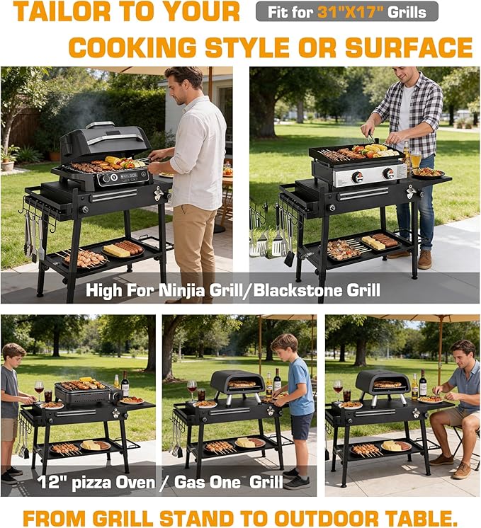 Upgraded Heavy-duty Foldable Grill Table & BBQ Prep Cart Designed for Blackstone 17" & 22",Height Adjustable Premium outdoor Grill Stand
