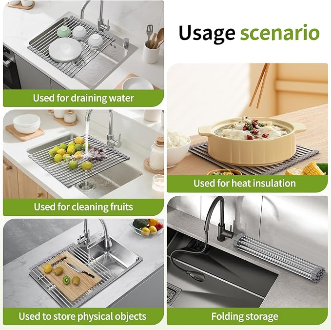 Foldable Over Sink Dish Drying Rack - Stainless Steel Sink Drain Rack with Silicone Edges, Roll-Up Storage for Kitchen, RV, Dorm Sinks (18.5×11.4in)