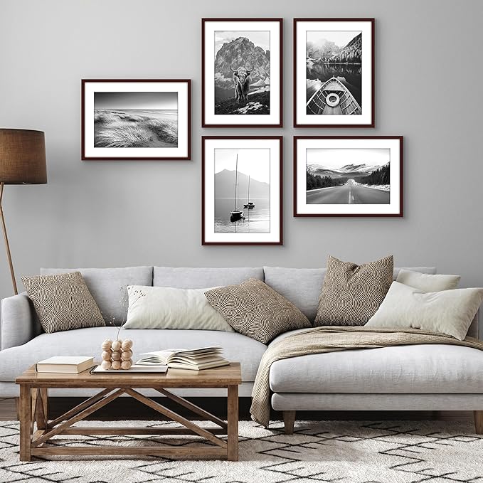 Americanflat 16x22 Picture Frame with Polished Plexiglass - Set of 5 - Use as 12x18 Frame with Mat or Display 16x22 Photo Without Mat - Galleria Collection - Picture Frames for Wall Display - Mahogany