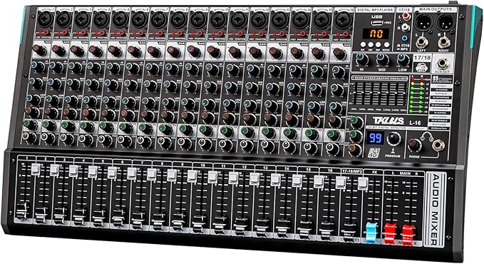 Audio Mixer, TKLBLS Professional 16 Channel DJ Mixer Board with 99-Bit DSP, Sound Board Mixing Console 7-Band EQ Output, USB Audio Interface, Bluetooth 48V Phantom Power For Karaoke Studio Streaming