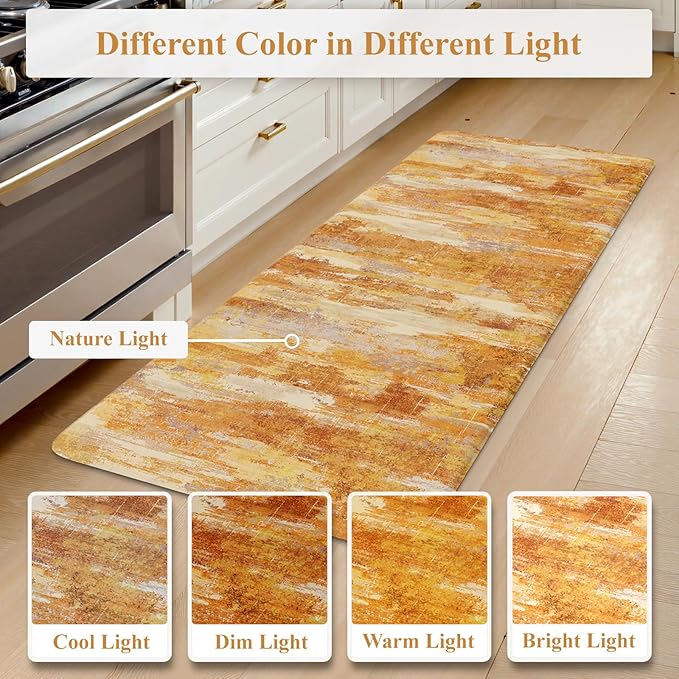 Collive Kitchen Mats for Floor 2PCS, Fall Abstract Cushioned Anti Fatigue Mat Non Slip Waterproof Kitchens Sink Rug, Orange Modern Comfort Standing Mat for Desk, Bar, Home Decor, 17"x47"+17"x29"