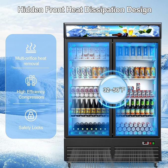 Tylza Commercial Refrigerator, Double Glass Door Display Beverage Fridge, 41.3 Cu Ft Upright Beverage Cooler Merchandiser with Replaceable Advertising Light Board, Rebound Door, Fast Cooling, Black