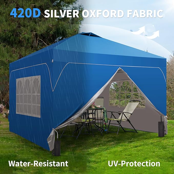 Saemoza 12x12 Pop Up Canopy Tent with One Push Setup, Outdoor Sun Shade Canopy with Vent Top for Backyard Party, Easy Up Instant Shelter with 4-Sandbags & Wheel Bag, Blue.