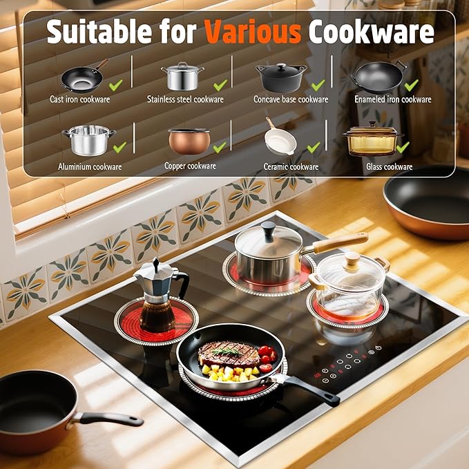 24 Inch Electric Cooktop 4 Burner Electric Stove, 6000W Built in Ceramic Stovetop with Touch Control 24", Timer, Child Lock, 9 Heating Level, 220-240v, Hard Wire(No Plug)