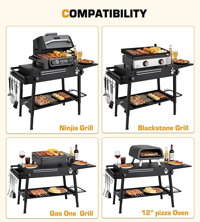 Upgraded Heavy-duty Foldable Grill Table & BBQ Prep Cart Designed for Blackstone 17" & 22",Height Adjustable Premium outdoor Grill Stand