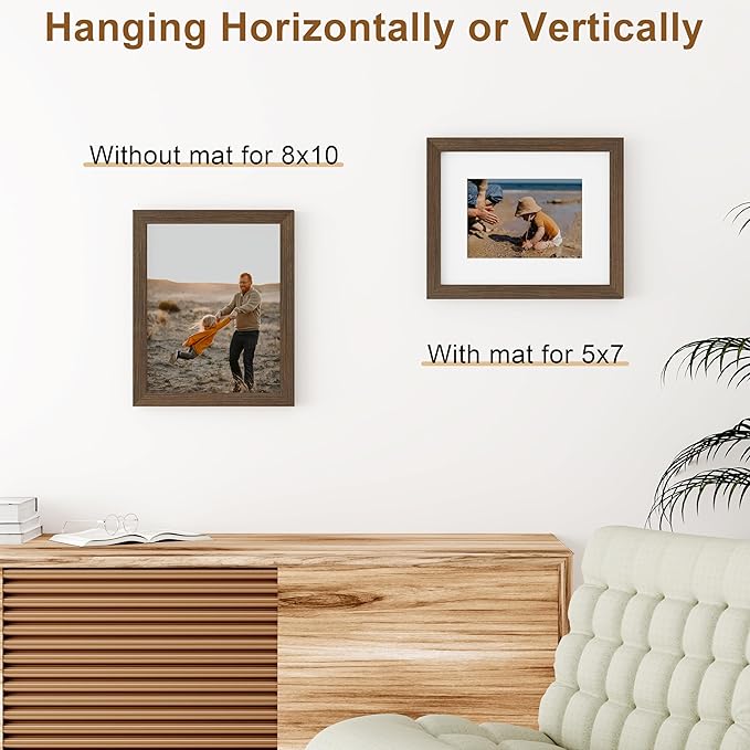 Vittanly 8x10 Picture Frame, Solid Wood Frame with Plexiglass, Includes 5x7 Mat, Wall Hanging or Tabletop for Home Decor, Brown, 1 Pack