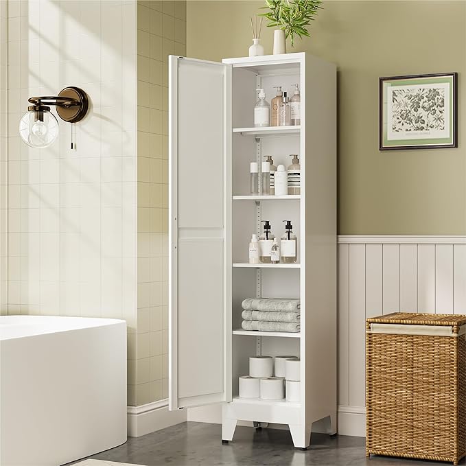 COFaR 67" Tall Pantry Cabinet, White Storage Cabinet with Magnetic Door & 4 Adjustable Shelves, Slim Freestanding Cupboard for Kitchen, Bathroom, Living Room