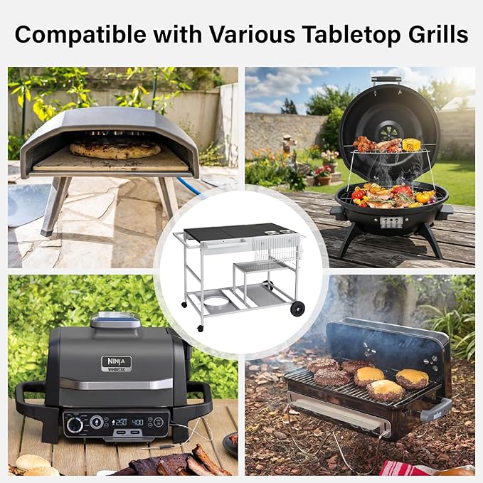 ROVSUN Pizza Oven Grill Table Cart, Movable Food Prep Cart with Pizza Topping Station, Seasoning Shelf, Gas Bottle Space, Outdoor Table Stand for Griddle, Patio, Home, Parties