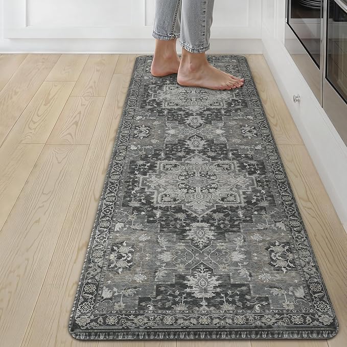 GENIMO Kitchen Mats for Floor, Washable Anti Fatigue Mat for Cushioned, 17.3"x59", Waterproof Kitchen Rugs, Non Slip Foam Comfort Standing Mat Rug for Home, Runner, Sink, Laundry, Dark Gray