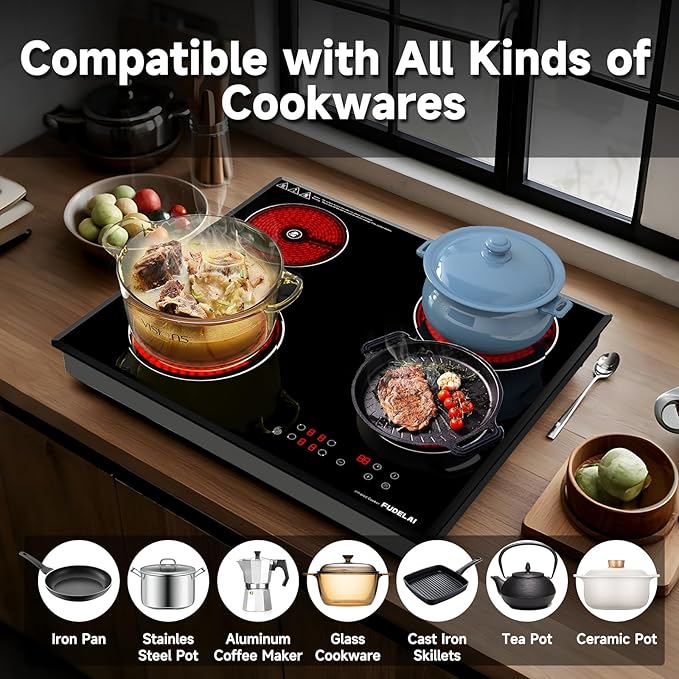 24 Inch Electric Cooktop 4 Burners,6500W 24" Electric Ceramic Cooktop with Child Lock & Auto Safety, Built-in/Countertop Infrared Cooker, 9 Power Levels, Easy-Clean Glass (No Plug)