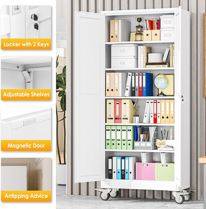 75''H Metal Garage Storage Cabinet with Wheels,Steel File Cabinets with 2 Doors and 5 Adjustable Shelves for Home Office, Warehouse, Required Assembly,White