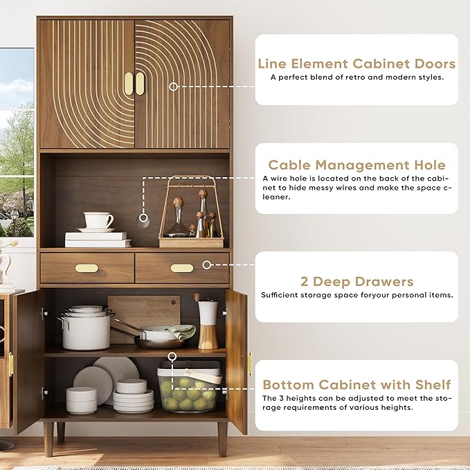 Smuxee 70.87" Walnut Kitchen Pantry Cabinet, Tall Food Pantry Cabinet with Line Groove Design, Kitchen Hutch with Microwave Stand for Dining Room, Living Room, Bar