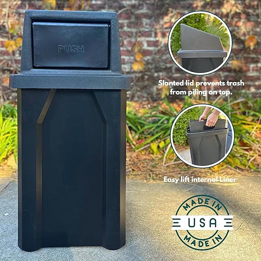 Campus Collection 32 Gallon Square 100% Recycled Plastic Heavy Duty Indoor or Outdoor Commercial Trash Can with Push Lid | Great for Schools and Businesses - Red