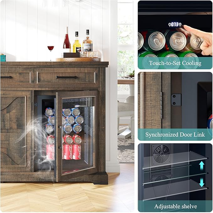 60" Farmhouse Coffee Bar Cabinet with Beverage Fridge (Included), Wine Bar Cabinet with Drawer Storage, Mini Fridge Cabinet, Sideboard Cabinet for Dining Room, Living Room-Brown