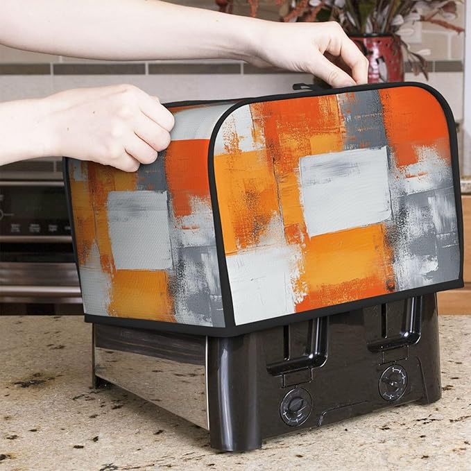 4 Slice Toaster Cover for Kitchen Modern Art White Orange Gray Waterproof and Dustproof Toaster Dust Cover with Side Pockets Decorative Universal Cover for Wide Slot Toasters and Small Appliances