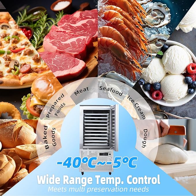 Commercial Blast Chiller 10 Trays, Shock Freezing Blast Chiller & Freezer Heavy Duty, Flash Freezer for Ice Cream, Seafood, Desserts, Meat-Lowest Temperature -40°C