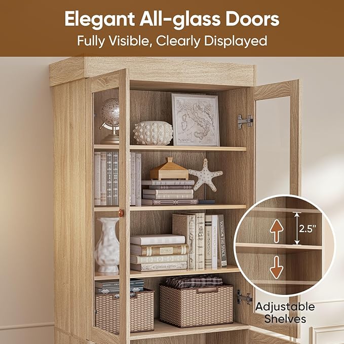 Vyre 71" Tall Farmhouse Kitchen Pantry – Large Storage Cabinet with Glass Doors & Adjustable Shelves, Versatile Wood Hutch for Living Room & Dining Room, Brown