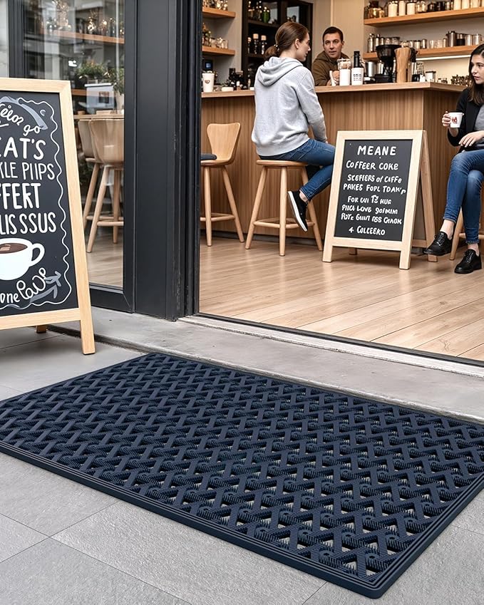 DEXI Front Door Mat Outside Entrance Rubber 32x48, Welcome Floor Doormat Heavy Duty Non Slip, Dirt Trapper Waterproof Exterior Entry Mats All Weather for Patio Entryway Drainage, Blue