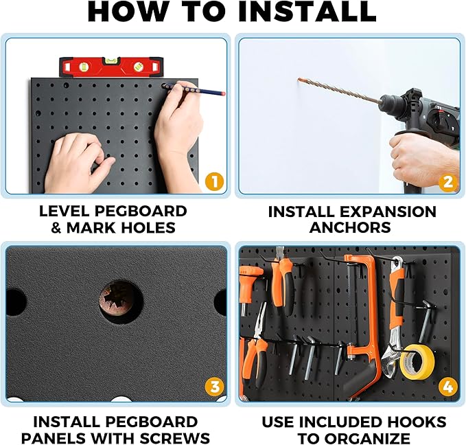Heavy Duty 4-Panel Pegboard Wall Organizer & 32 Peg Hooks - Four Black Metal Peg Board Panels for Shops or Warehouse - Garage Tool & Walls Organizer - Modular Complete Kit With Installation Hardware