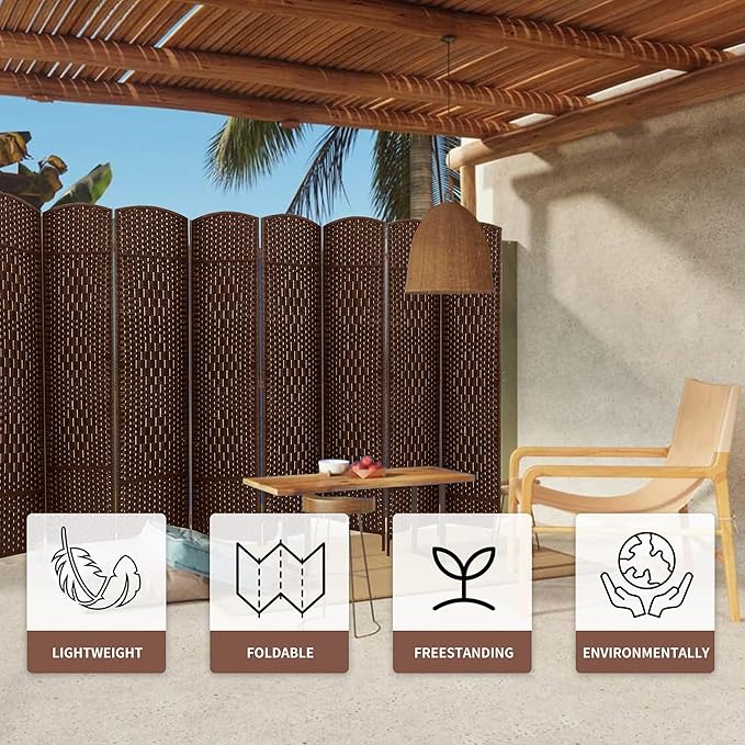 Duraspace 8 Panels Room Divider 6 FT Tall Weave Fiber Privacy Screen Freestanding Double Hinged Folding Screen Extra Wide Room Dividers for Patio Privacy (Brown)