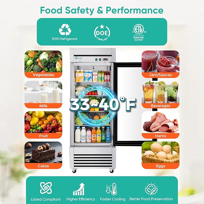 27" Commercial Glass Door Refrigerator, 23 Cu.Ft Single Door Reach-In Cooler, 33-40℉, Low-E Tempered Double Glass, 4 Shelves, R290