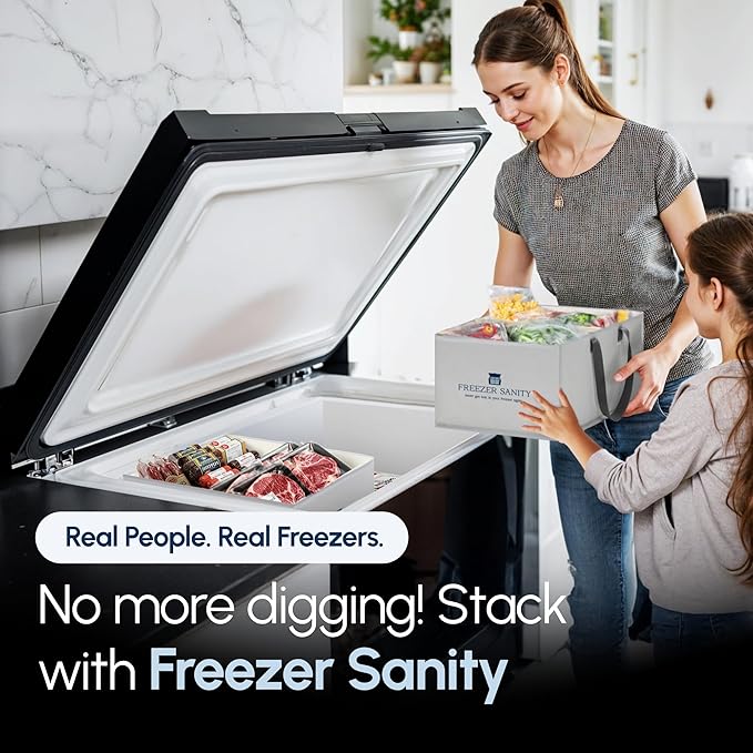 The Original Chest Freezer Organizer Bins, Stackable Storage Organizers, Deep Freezer Dividers, Handles, Heavy-Duty, Waterproof (2 Pack Large 19x14x9)