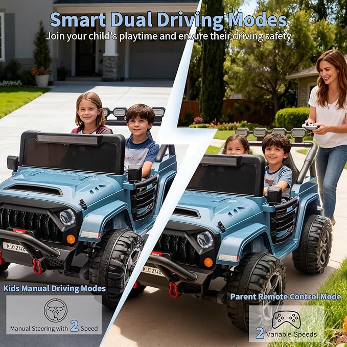 Kids 24V 2-Seater Electric Ride On Car, 4x4 Ride On Truck w/Remote Control, 4-Wheeler Suspension, 3 Speeds, Led Lights, Bluetooth, Ride on Car Toy for Kids Ages 3-8, Blue
