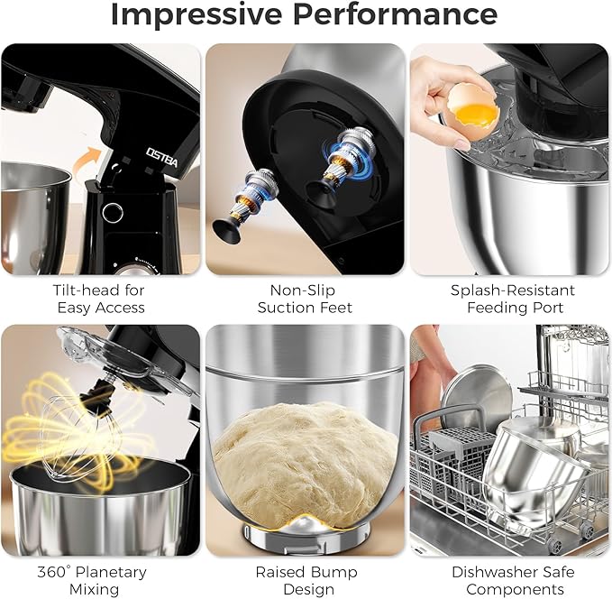 OSTBA Stand Mixer, 5QT+5.5QT Two Bowls Electric Kitchen Mixer, 10+P Speed Dough Mixer with Whisk, Beater & Dough Hook, Dishwasher Safe, Black