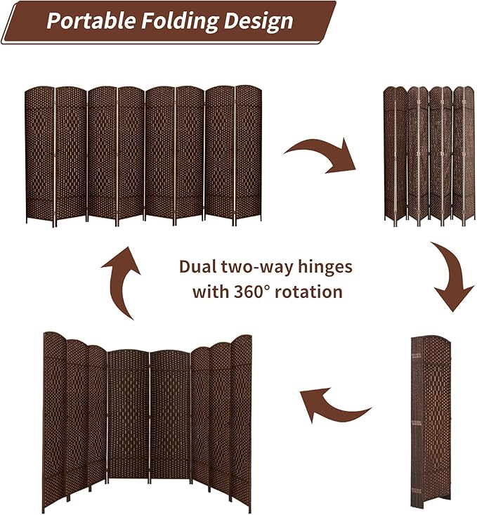 Duraspace 8 Panels Room Divider 6 FT Tall Weave Fiber Privacy Screen Freestanding Double Hinged Folding Screen Extra Wide Room Dividers for Patio Privacy (Brown)
