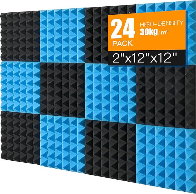 Sound Proof Foam Panels for Wall 24 Pack Acoustic Panels Sound Absorbing 2" X 12" X 12" Fire-Proofed Soundproofing Foam High Density Sound Dampening Panels for Room Studio Pyramid Blue Black