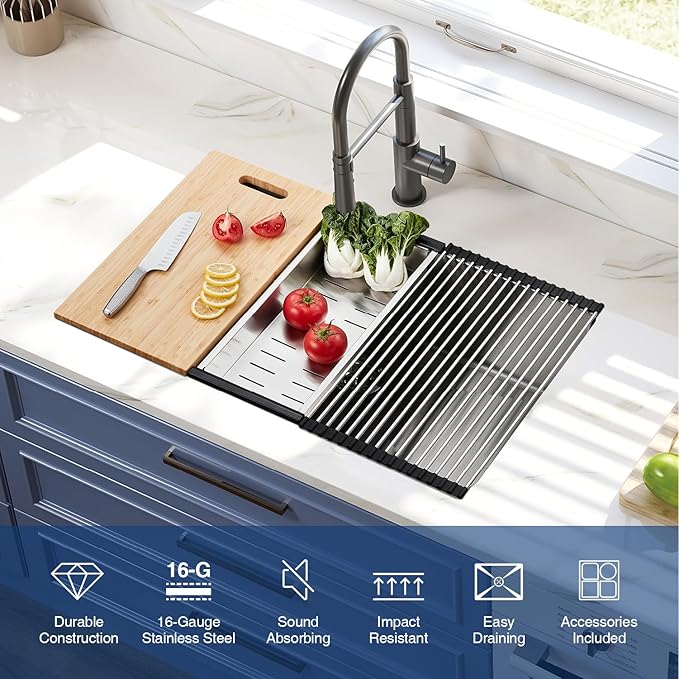 30x18 Inch Stainless Steel Kitchen Sink Undermount Workstation 16 Gauge 10 Inch Deep Single Bowl Handmade Basin with Accessories Multifunctional Workstation Set