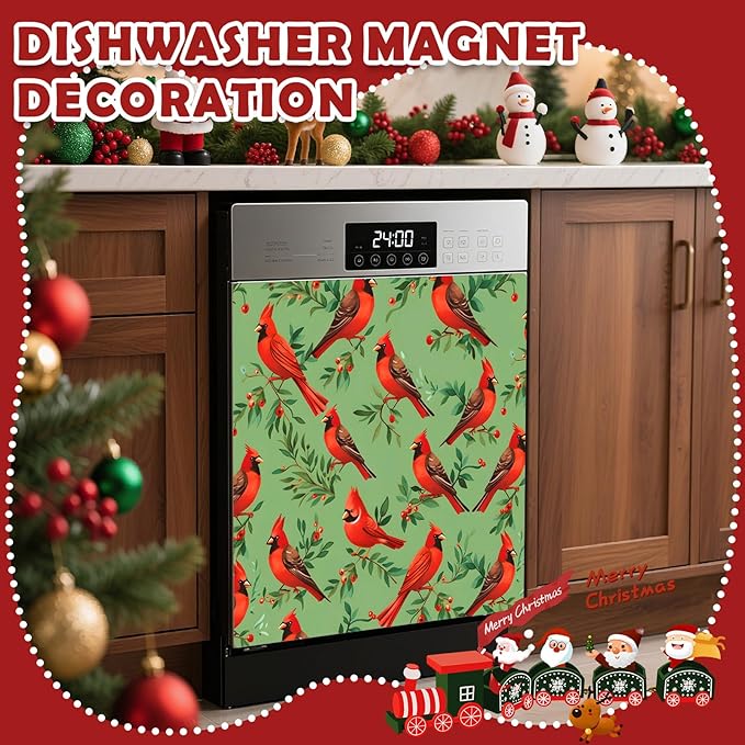 Cardinal Dishwasher Magnet Cover, 23" W x 26" H Fridge Magnetic Stickers Reuseable Magnet Panel Decal Cover for Washing Machine Fridge Microwave Cabinet Kitchen Christmas Decoration