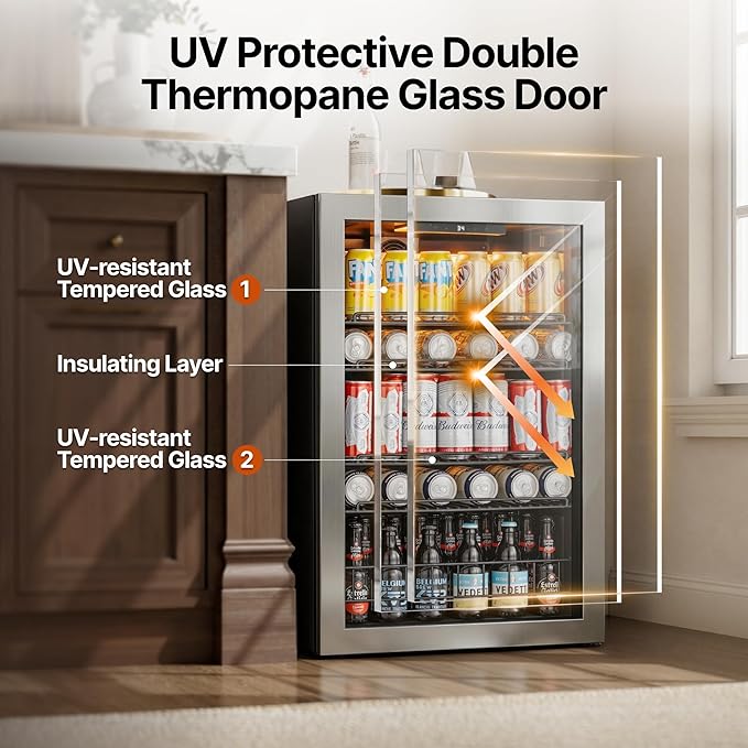 Ca'Lefort 155 Cans Beverage Cooler Mini Fridge, Beverage Refrigerator with Reversible Glass Door, Adjustable Shelves for Soda, Beer & Wine, Digital Temperature Control for Home, Office, Bar or Dorm