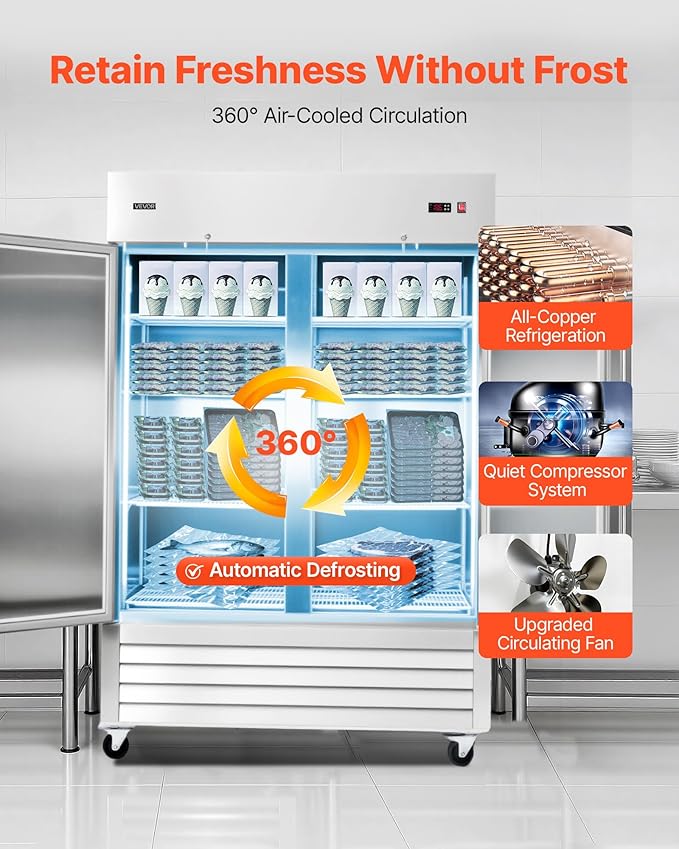 VEVOR Commercial Reach-In Freezer 54" W, 44 Cu.Ft Stainless Steel Upright Freezer with Double Doors, Auto-Defrost, 8 Adjustable Shelves, -11 to 14℉ Temp Control, ETL Certified