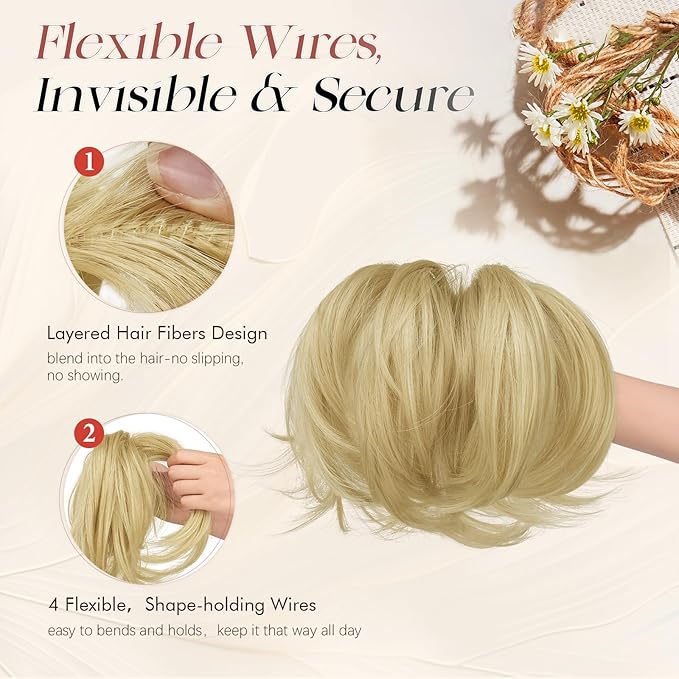 Sofeiyan Claw Clip Short Ponytail Extension DIY Bendable Wires Hair Bun Fluffy Fake Hair Piece Straight Synthetic Hair Ponytail Extensions for Wonen - Ash Blonde